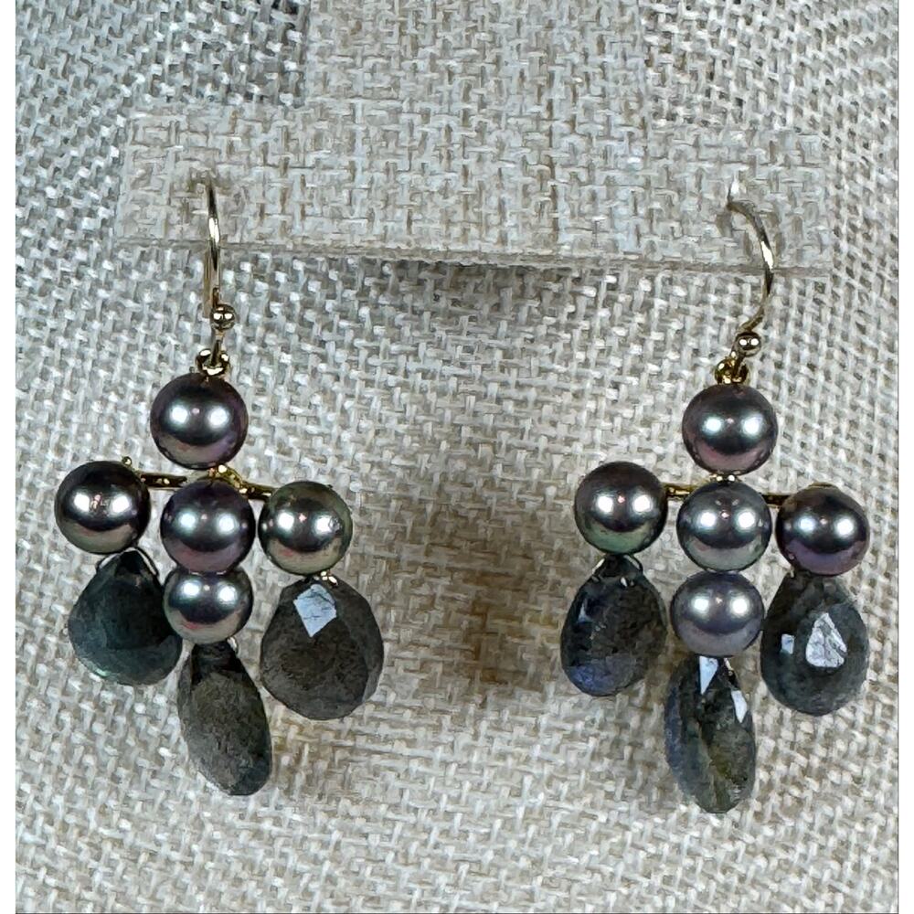 NWT Labradorite Pearl Cluster Drop Earrings Gold Tone Statement Earrings